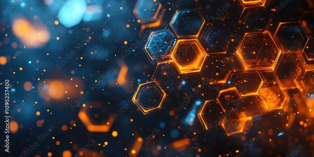 Aufkleber abstract background featuring glowing hexagonal shapes in vibrant orange and blue tones, creating a 