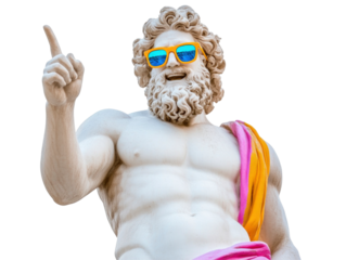 White stone statue wear colorful sunglasses, pointing index finger, laughing, ancient colorful clothes