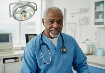 Confident surgeon wearing blue scrubs and stethoscope, posing in operating room