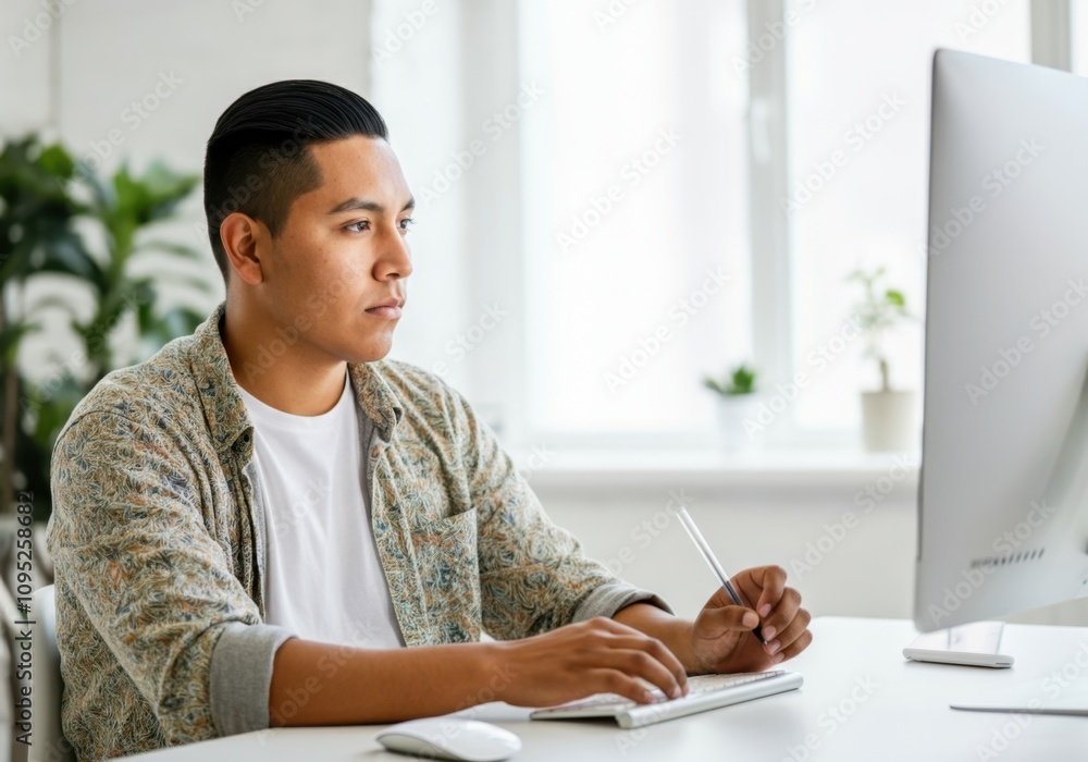 Poster young hispanic designer using desktop computer and taking notes while working in bright modern offic