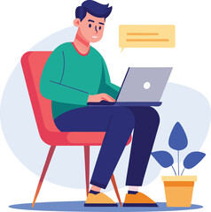 a boy is using his laptop vector