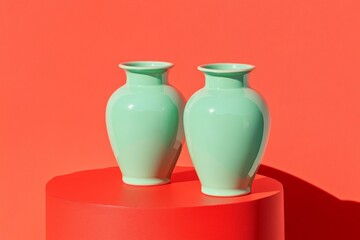 Soft pastel green ceramic vases on a vibrant red table for a minimalist decor