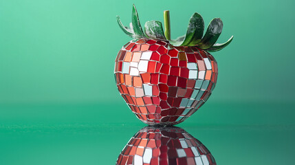 A strawberry made of mirror mosaic on a green background with a reflection