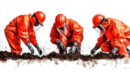 Workers conducting soil remediation after toxic chemical exposure to neutralize environmental risks.