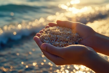 Hands Holding Sand by the Shore at Sunset