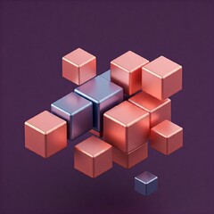 Obraz premium A cluster of 3D cubes in shades of pink and purple, arranged in a dynamic and asymmetrical pattern against a dark background.