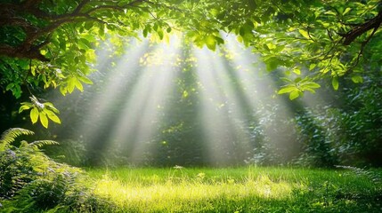 Sunlight rays through the leaves of a tree in a forest.