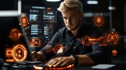 Cyberpunk Programmer Close-up Composition, Orange HUD Overlay, Futuristic Coding Concept Cybersecurity, Digital Art