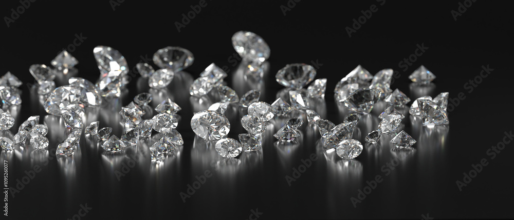 Poster diamonds group placed on glossy background 3d rendering soft focus