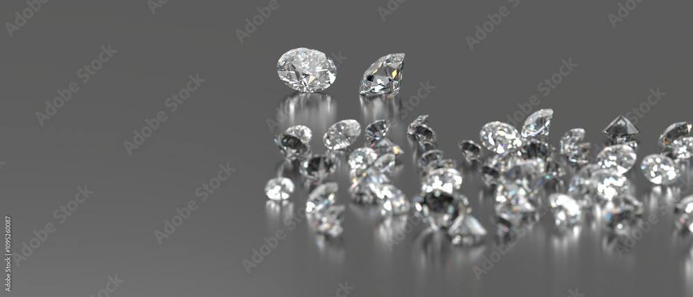 Poster diamonds group placed on glossy background 3d rendering soft focus