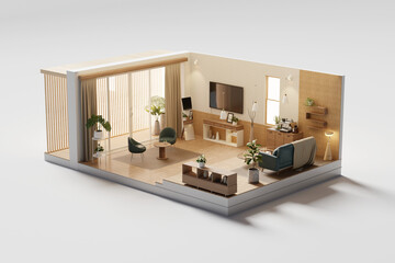 Perspective view living room muji style open inside interior architecture 3d rendering