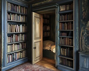 Exploring a hidden library nook in an elegant home interior design cozy atmosphere artistic view enchantment