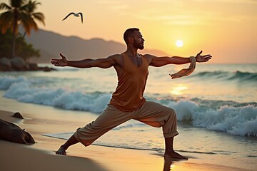 Man in warrior II pose on beach at sunset