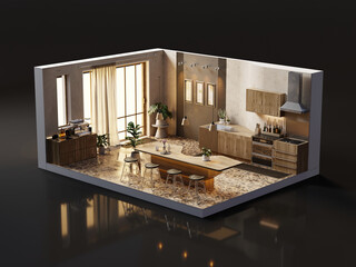 Perspective view modern kitchen room open inside interior architecture, 3d rendering.