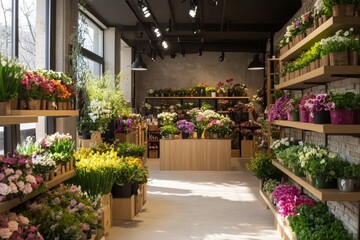 Obraz premium Floral Shop Interior Abundant Blooms, Wooden Shelving, Natural Light, Flower Shop, Floral Design Flower Shop, Interior Design