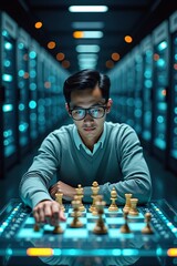 Man playing chess against AI on large touchscreen display