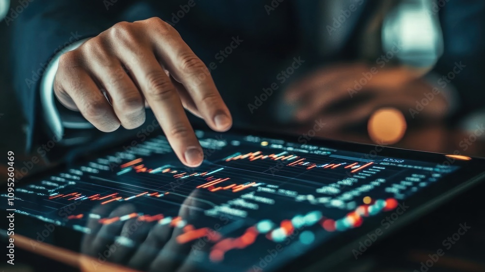 Poster A Hand Interacting with a Tablet Displaying Financial Data