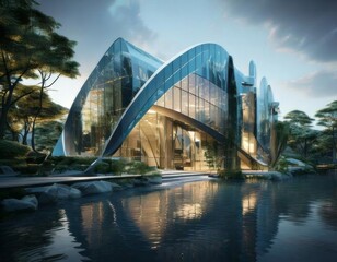 Fototapeta premium A sleek modern building with reflective glass windows , showcasing contemporary architecture.
