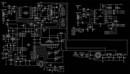 Schematic diagram of digital electronic device 
on paper sheet. Vector drawing electrical circuit with antenna,
operational amplifier, integrated circuit, microcontroller,
capacitor, resistor, display