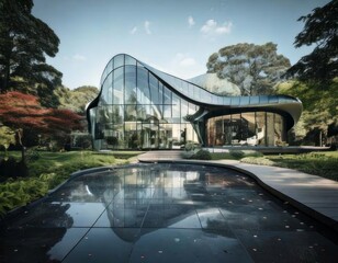 A sleek modern building with reflective glass windows , showcasing contemporary architecture.