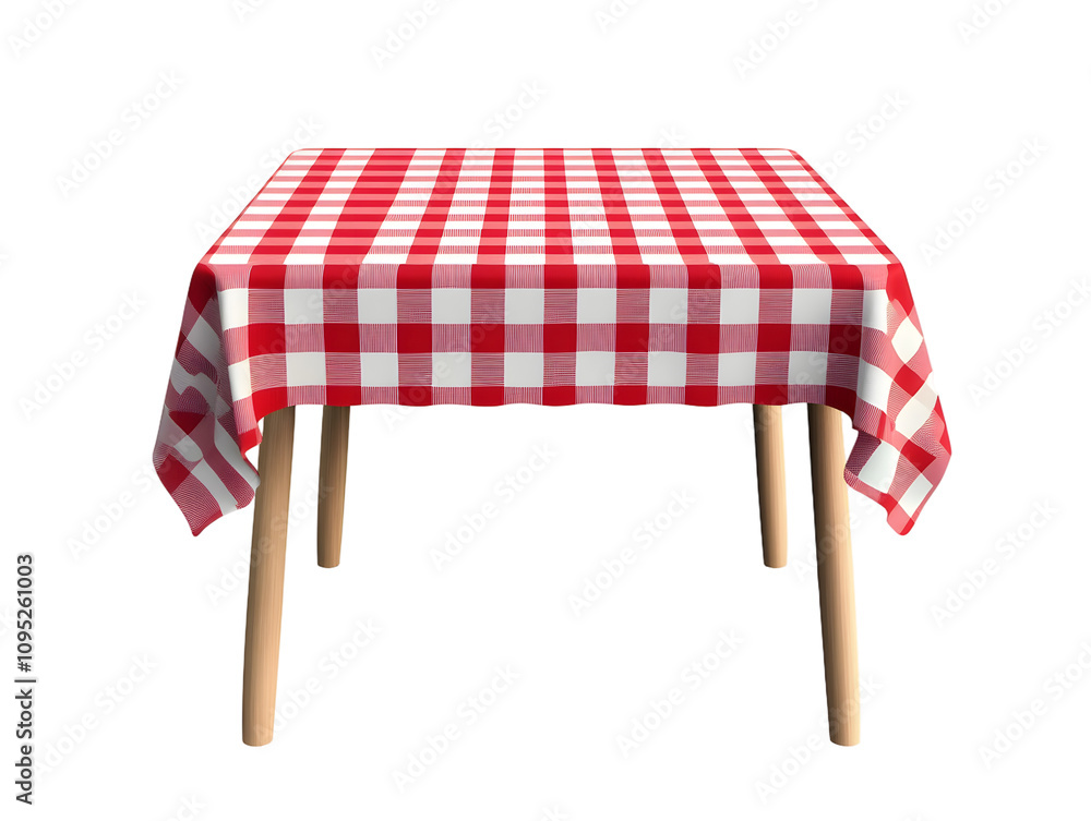 Poster table with red and white checkered tablecloth isolated on transparent background.