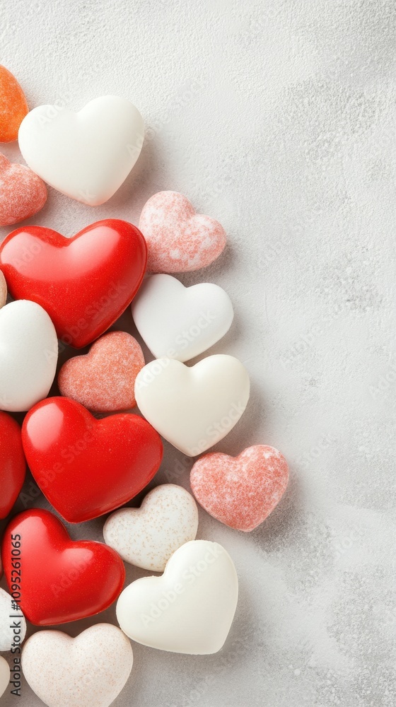 Poster heart patterns on a pastel background create a whimsical and romantic atmosphere