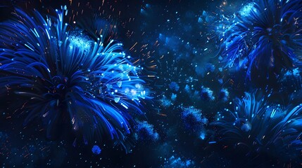 Abstract blue and orange light streaks with particles on a black background.