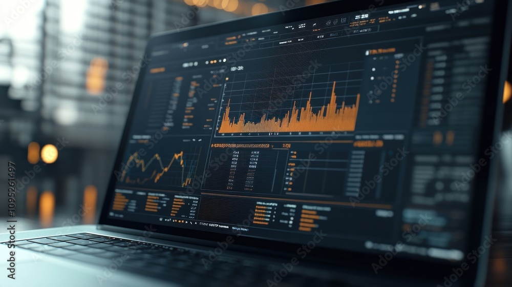 Poster Laptop Displaying Financial Data with Orange Line Graph