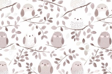 Fototapeta premium Soft and Whimsical Owl and Bird Pattern with Delicate Leaves and Branches in Neutral Tones for Home Decor and Children's Room Use