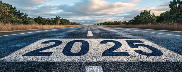 Road to 2025, driving towards the future on an asphalt highway
