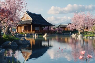 Naklejka premium Tranquil Japanese Garden with Cherry Blossoms and Water