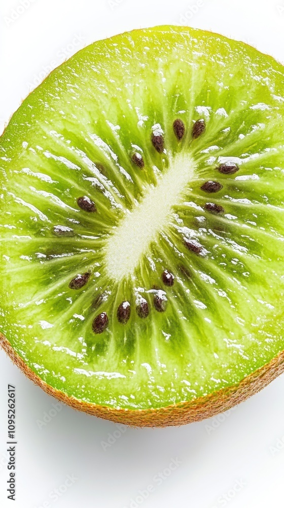 Poster bright green kiwi slice showcasing vibrant texture and natural patterns on a clean white backdrop