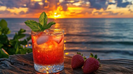 italian fior di fragola cocktail in a sunset view background