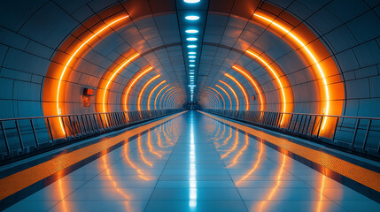 A futuristic and minimalist subway tunnel illuminated by neon lights. Perfect for sci-fi and cyberpunk themes.