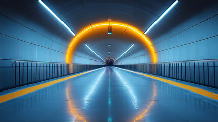 A futuristic and minimalist subway tunnel illuminated by neon lights. Perfect for sci-fi and cyberpunk themes.