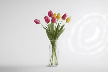 Obraz premium Vibrant Tulip Bouquet in a Modern Glass Vase Against a Minimalist Background Complementing Spring and Freshness for Home Decor or Event Decoration