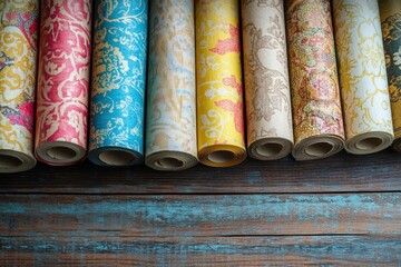 Colorful Decorative Wallpaper Rolls on Wooden Background