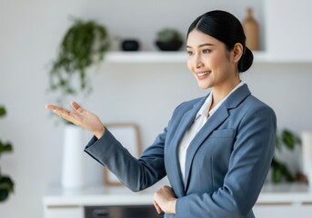 Young asian businesswoman presenting something with her hand and smiling