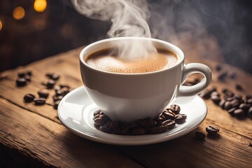 Create a high-quality image of a steaming cup of coffee on a rustic wooden table, with warm lighting and a cozy atmosphere.