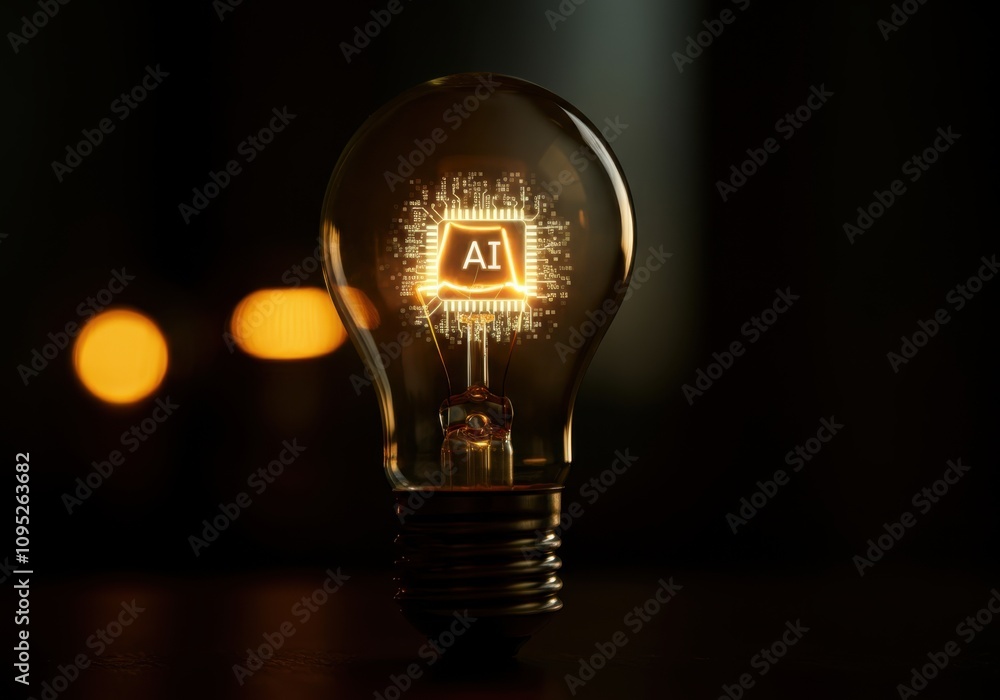 Poster incandescent light bulb glowing with ai microchip inside, representing the future of technology and 