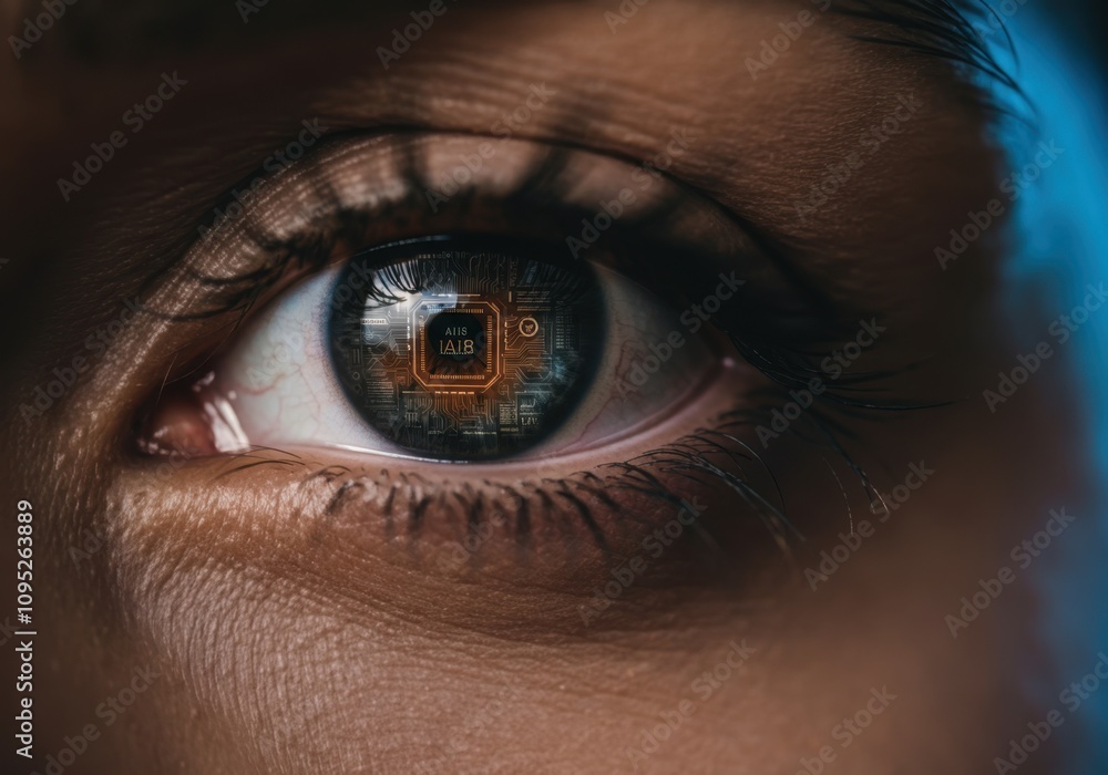 Poster close-up of eye reflecting ai microchip, symbolizing artificial intelligence and technological integ