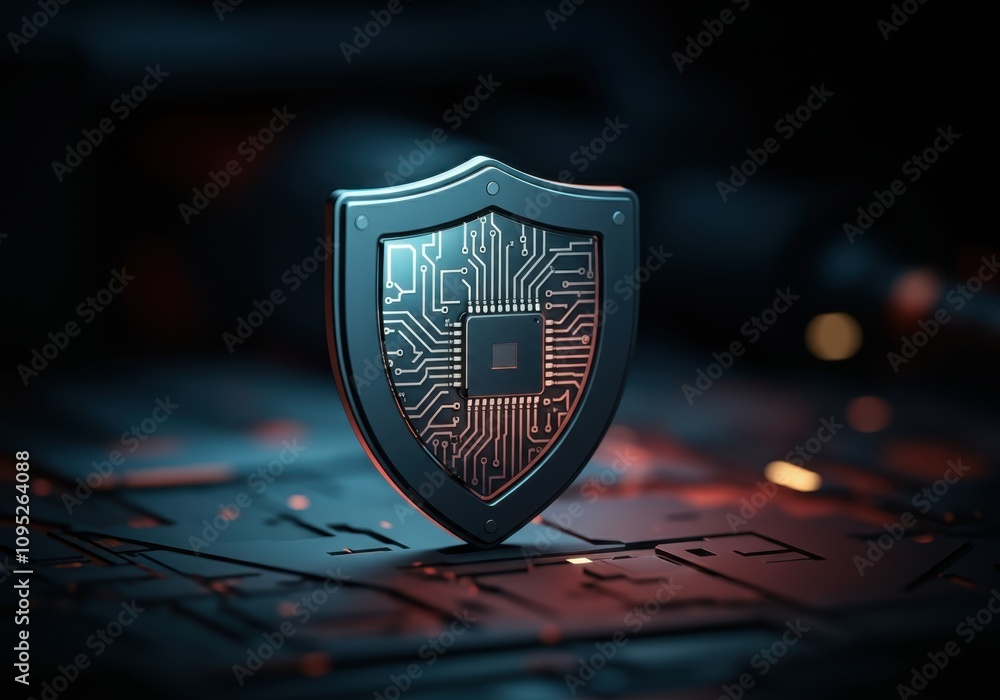 Aufkleber metallic shield with electronic microchip and circuits providing cybersecurity on dark circuit board