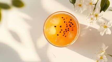 柔らかい春の光と輝く花々の下で爽やかな柑橘系のドリンク