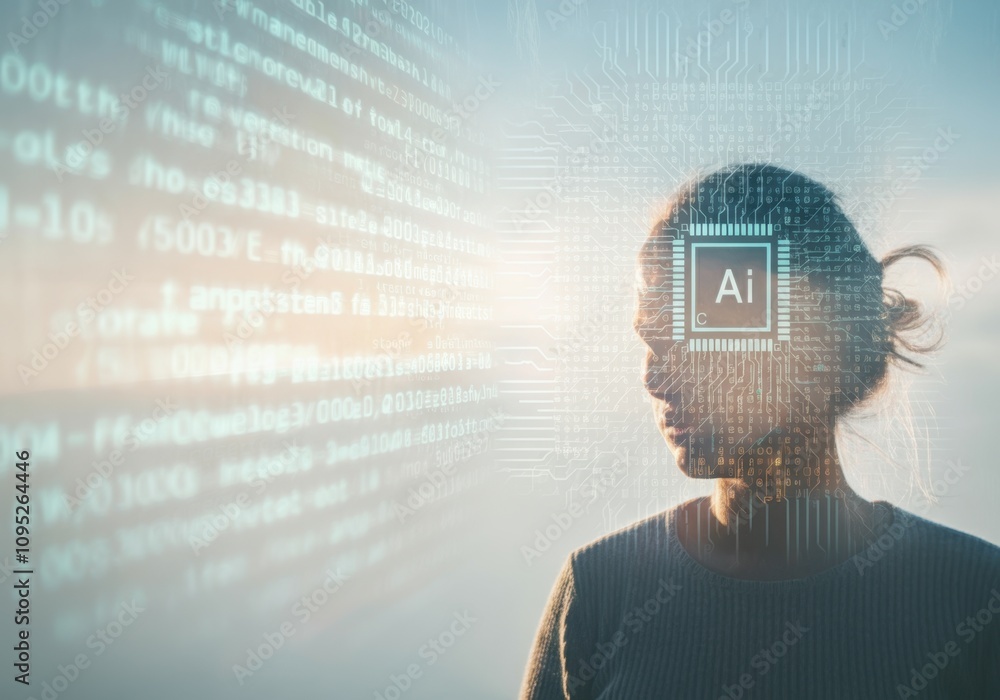 Poster woman with ai chip and circuit design superimposed, symbolizing the integration of artificial intell