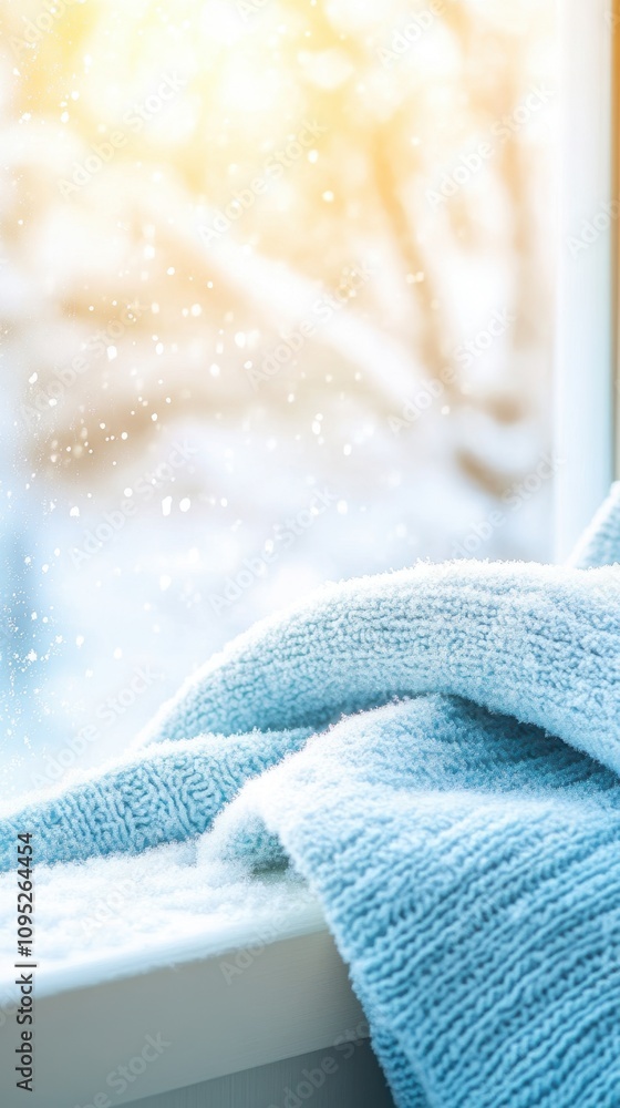 Poster frosted window with delicate snowflakes and a cozy blanket inviting warmth from winter's chill