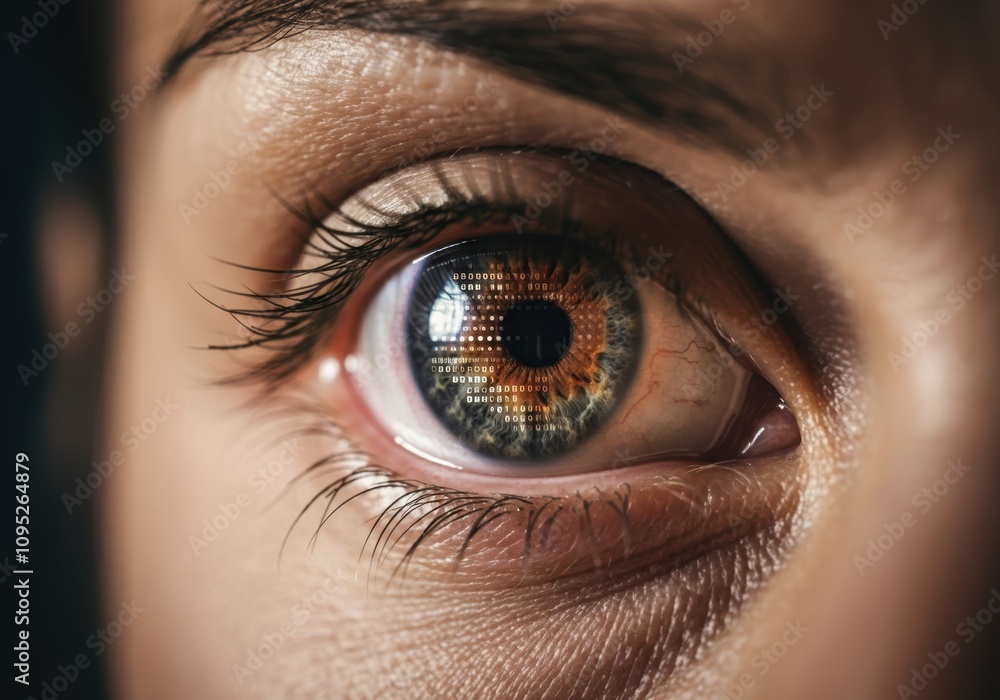 Poster close-up of a woman's eye reflecting binary code, symbolizing the integration of technology and huma