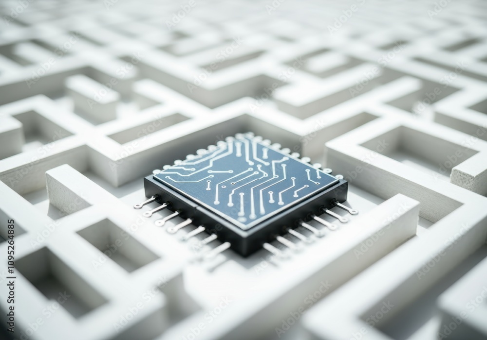 Poster microchip placed within intricate white maze, symbolizing technological problem-solving, innovation,