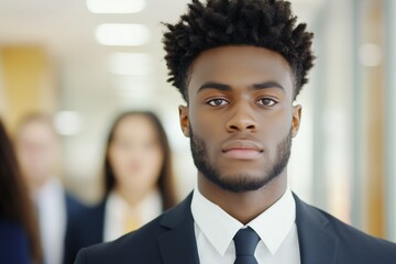 Fototapeta premium Serious black man in suit stands among job seekers in office environment during professional job fair