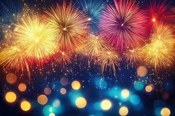 Fototapeta premium Vibrant Fireworks Display Against Dark Blue Sky 