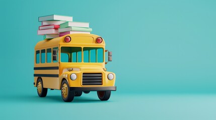 Yellow school bus with colorful books on top, isolated against a turquoise background.
